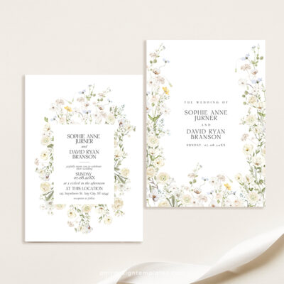 Stunning Wildflower Wedding Invitation Template – Elegant Botanical Design Wildflower Wedding Invitation Template with cream roses and white background, featuring editable floral garden style and matching RSVP and enclosure cards.
