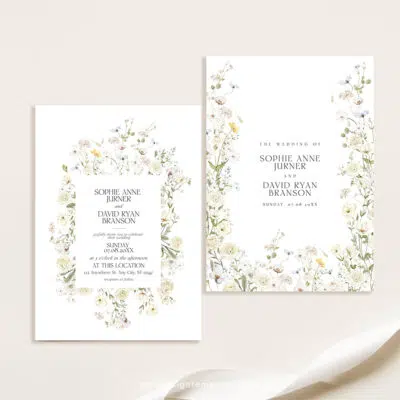 Wildflower Wedding Invitation Template with cream roses and white background, featuring editable floral garden style and matching RSVP and enclosure cards.