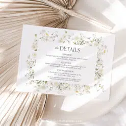 Boho wildflower wedding invitation with cream roses and white background, featuring editable floral garden style and matching RSVP and enclosure cards.
