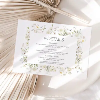 Boho wildflower wedding invitation with cream roses and white background, featuring editable floral garden style and matching RSVP and enclosure cards.