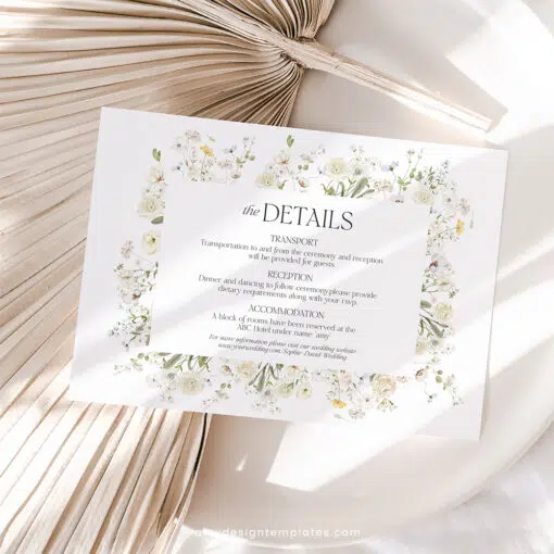 Boho wildflower wedding invitation with cream roses and white background, featuring editable floral garden style and matching RSVP and enclosure cards.