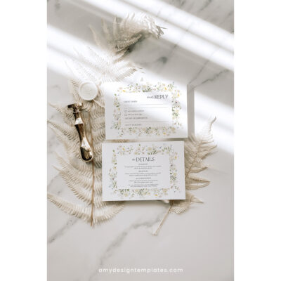 Stunning Wildflower Wedding Invitation Template – Elegant Botanical Design Boho wildflower wedding invitation with cream roses and white background, featuring editable floral garden style and matching RSVP and enclosure cards.