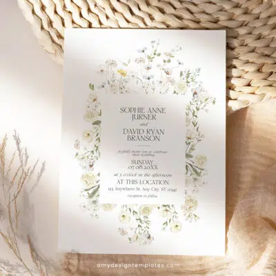 Boho wildflower wedding invitation with cream roses and white background, featuring editable floral garden style and matching RSVP and enclosure cards.