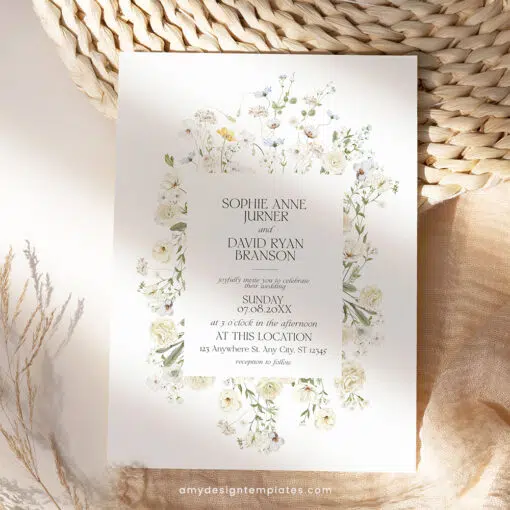 Boho wildflower wedding invitation with cream roses and white background, featuring editable floral garden style and matching RSVP and enclosure cards.