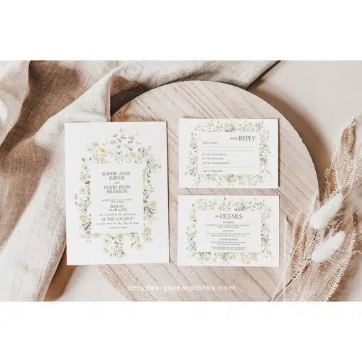 Wildflower Wedding Invitation Template with cream roses and white background, featuring editable floral garden style and matching RSVP and enclosure cards.