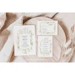 Wildflower Wedding Invitation Template with cream roses and white background, featuring editable floral garden style and matching RSVP and enclosure cards.