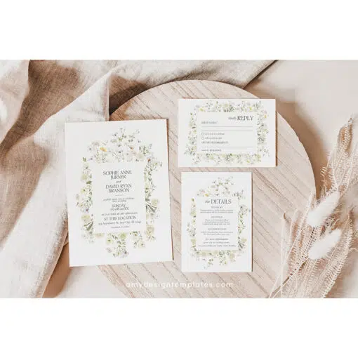 Wildflower Wedding Invitation Template with cream roses and white background, featuring editable floral garden style and matching RSVP and enclosure cards.