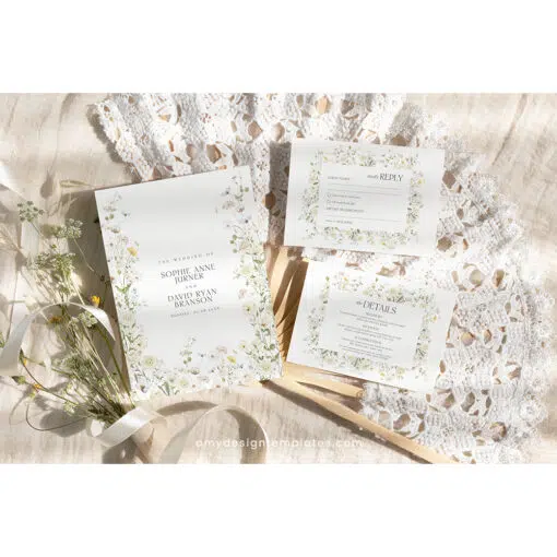 Boho wildflower wedding invitation with cream roses and white background, featuring editable floral garden style and matching RSVP and enclosure cards.