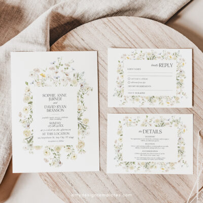 Wildflower Wedding Invitation Template with cream roses and white background, featuring editable floral garden style and matching RSVP and enclosure cards.