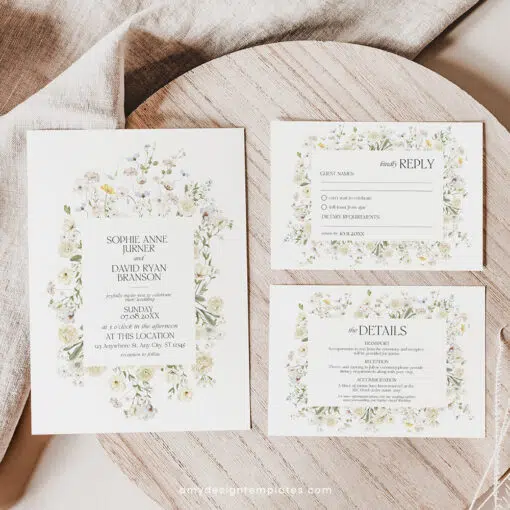 Wildflower Wedding Invitation Template with cream roses and white background, featuring editable floral garden style and matching RSVP and enclosure cards.