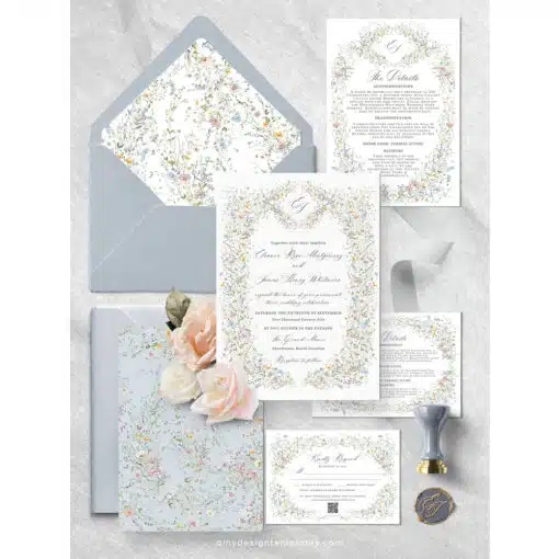 Vintage Wedding Invitation Template, Wildflower Wedding Invitation Cards, Elegant Wedding Printables Template D033