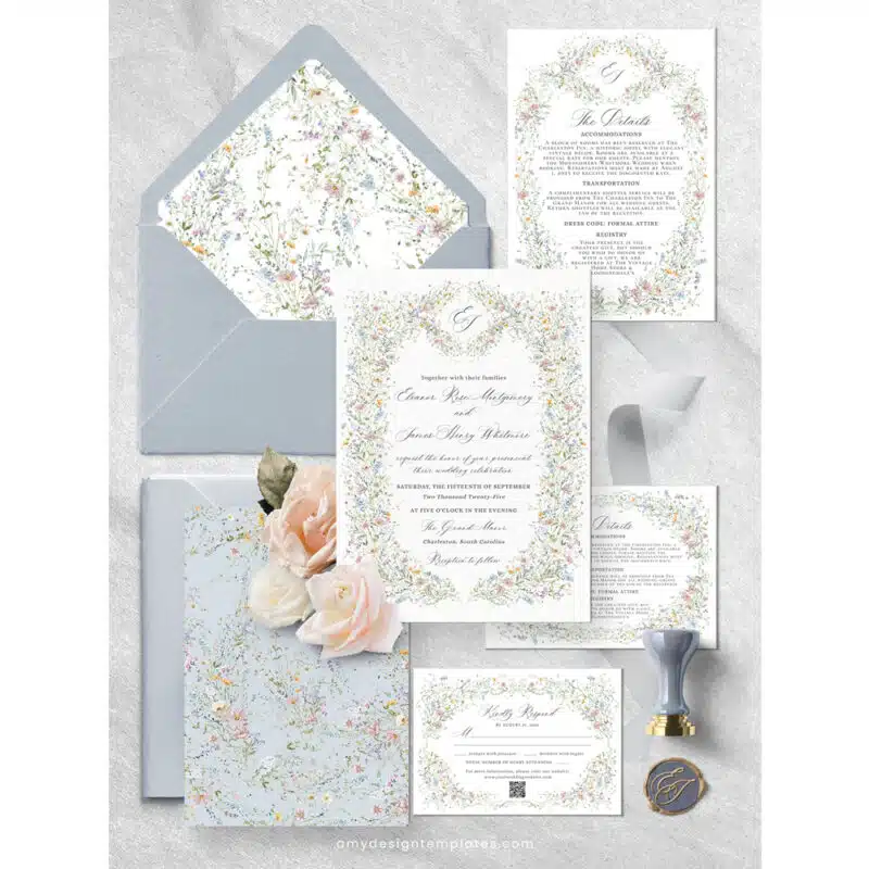 Vintage Wedding Invitation Template, Wildflower Wedding Invitation Cards, Elegant Wedding Printables Template D033