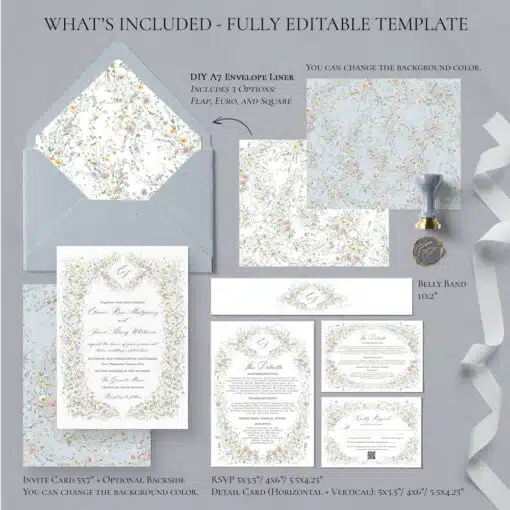 Vintage Wedding Invitation Template, Wildflower Wedding Invitation Cards, Elegant Wedding Printables Template D033