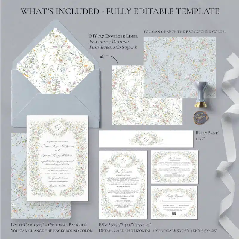 Vintage Wedding Invitation Template, Wildflower Wedding Invitation Cards, Elegant Wedding Printables Template D033