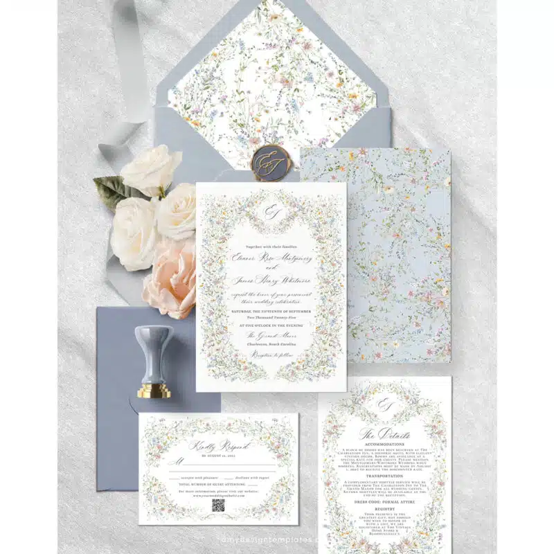 Vintage Wedding Invitation Template, Wildflower Wedding Invitation Cards, Elegant Wedding Printables Template D033