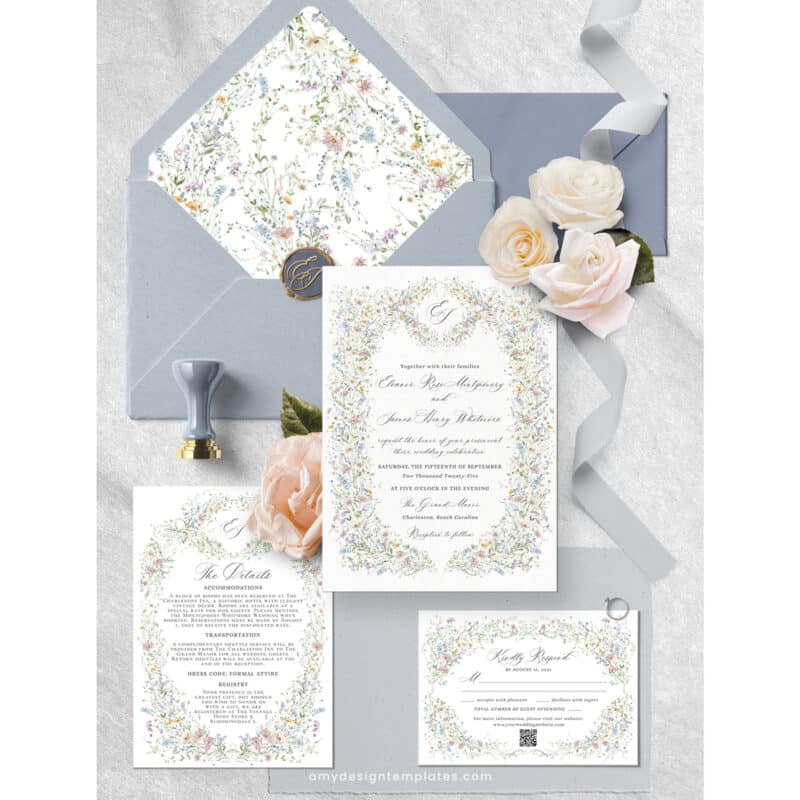 Vintage Wedding Invitation Template, Elegant Wildflower Wedding Invitation Cards Printables Template Vintage Wedding Invitation Template, Wildflower Wedding Invitation Cards, Elegant Wedding Printables Template D033