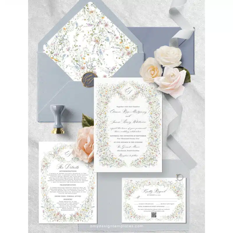 Vintage Wedding Invitation Template, Wildflower Wedding Invitation Cards, Elegant Wedding Printables Template D033