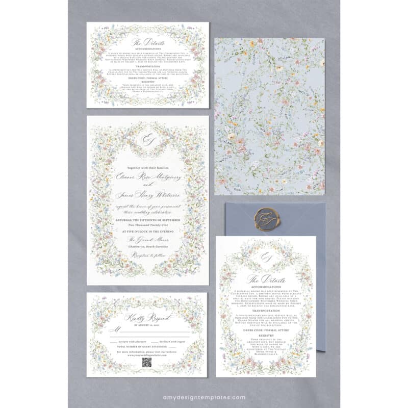Vintage Wedding Invitation Template, Elegant Wildflower Wedding Invitation Cards Printables Template Vintage Wedding Invitation Template, Wildflower Wedding Invitation Cards, Elegant Wedding Printables Template D033