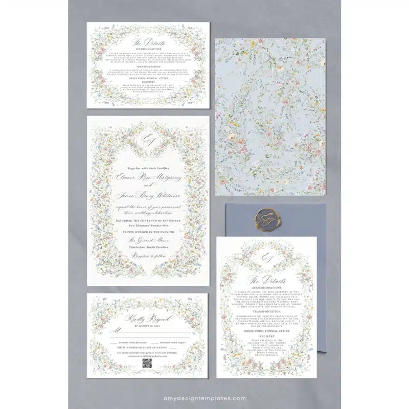 Vintage Wedding Invitation Template, Wildflower Wedding Invitation Cards, Elegant Wedding Printables Template D033