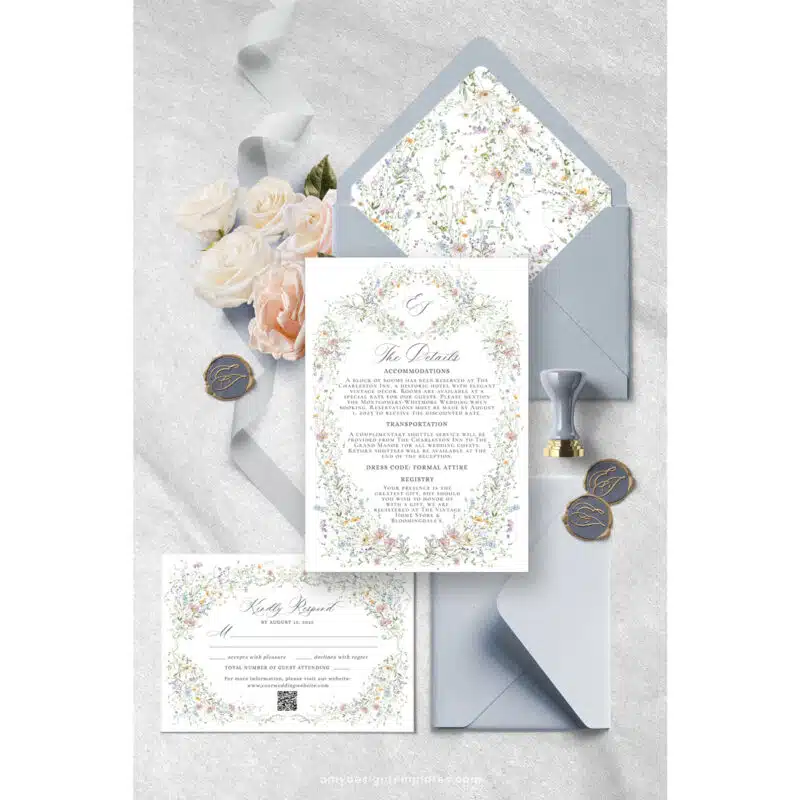 Vintage Wedding Invitation Template, Wildflower Wedding Invitation Cards, Elegant Wedding Printables Template D033