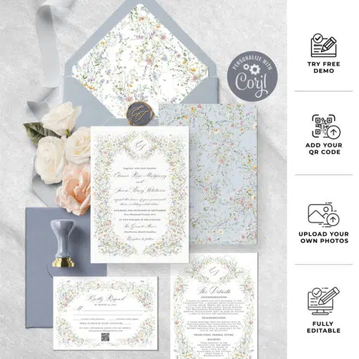 Vintage Wedding Invitation Template, Wildflower Wedding Invitation Cards, Elegant Wedding Printables Template D033