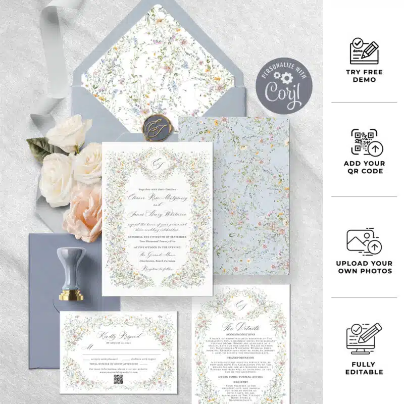Vintage Wedding Invitation Template, Wildflower Wedding Invitation Cards, Elegant Wedding Printables Template D033
