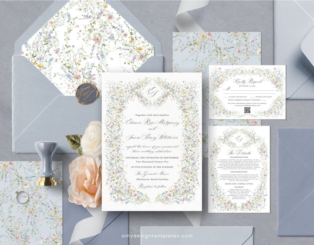 Vintage Wedding Invitation Template, Wildflower Wedding Invitation Cards, Elegant Wedding Printables Template D033