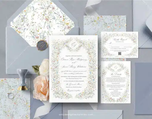 Vintage Wedding Invitation Template, Wildflower Wedding Invitation Cards, Elegant Wedding Printables Template D033