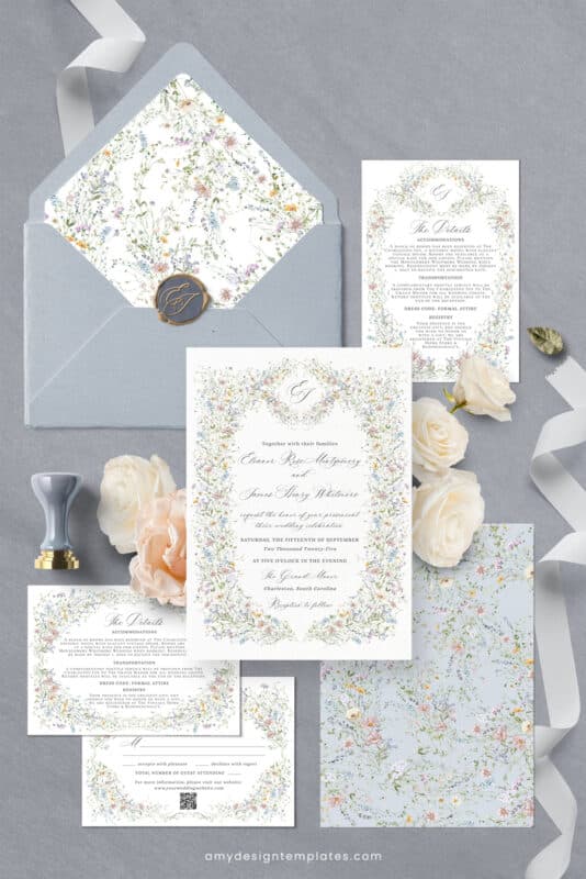 Vintage Wedding Invitation Template, Wildflower Wedding Invitation Cards, Elegant Wedding Printables Template D033