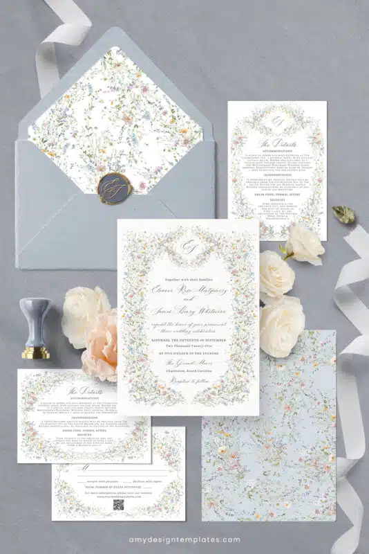 Vintage Wedding Invitation Template, Wildflower Wedding Invitation Cards, Elegant Wedding Printables Template D033