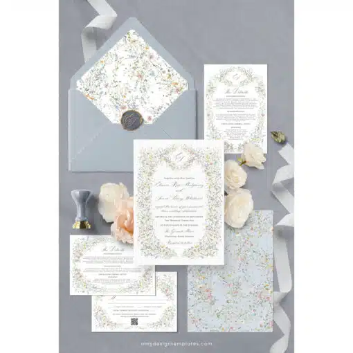 Vintage Wedding Invitation Template, Wildflower Wedding Invitation Cards, Elegant Wedding Printables Template D033