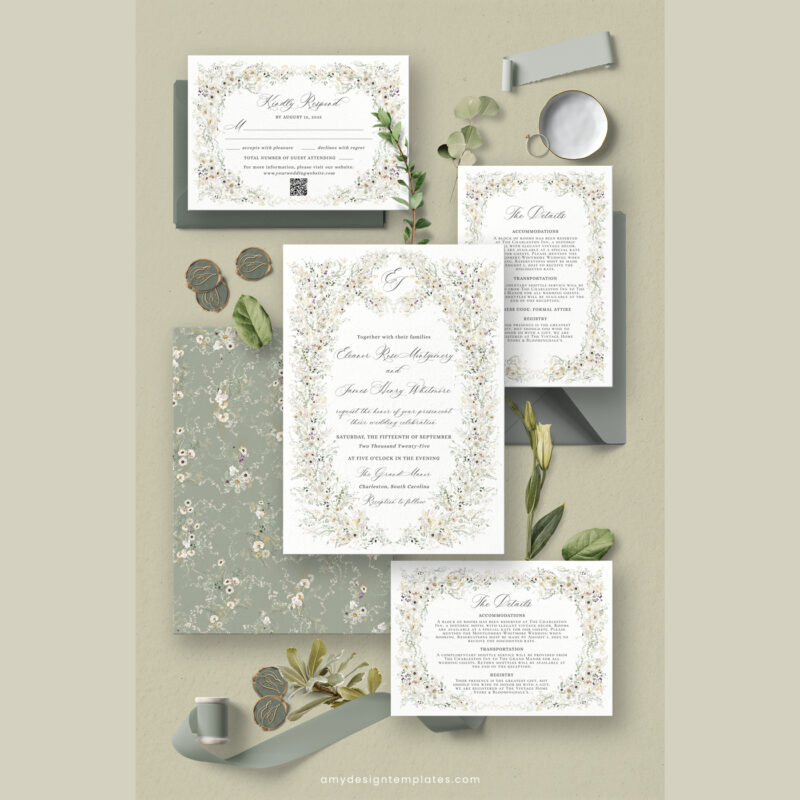 Vintage Wildflower Wedding Invitation Template D034