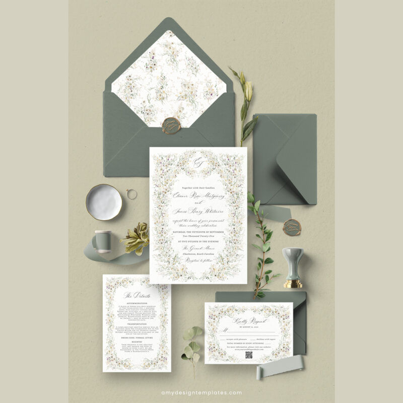 Wildflower Wedding Invitation Template, Elegant Vintage Floral Wedding Suite, Printable RSVP + Invitation Template D034
