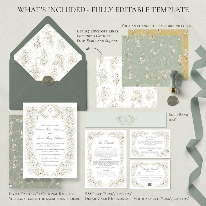 Wildflower Wedding Invitation Template, Elegant Vintage Floral Wedding Suite, Printable RSVP + Invitation Template D034