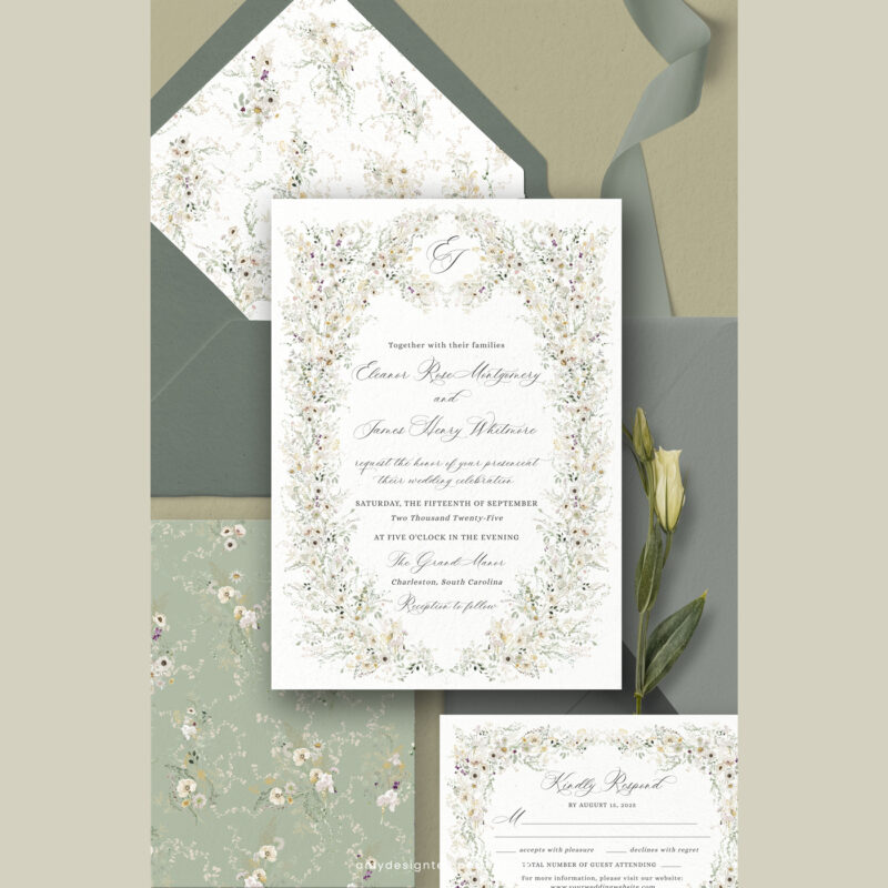Vintage Wildflower Wedding Invitation Template D034