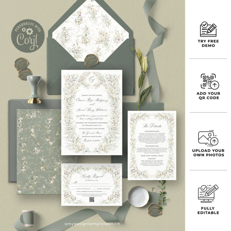 Wildflower Wedding Invitation Template, Elegant Vintage Floral Wedding Suite, Printable RSVP + Invitation Template D034