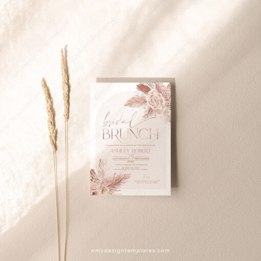 Boho Pink Bridal Brunch Invitation Template | Bohemian Dusty Rose