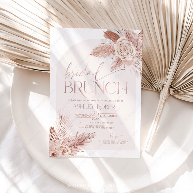 Boho Pink Bridal Brunch Invitation Template | Bohemian Dusty Rose