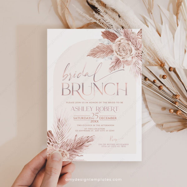 Boho Pink Bridal Brunch Invitation Template | Bohemian Dusty Rose