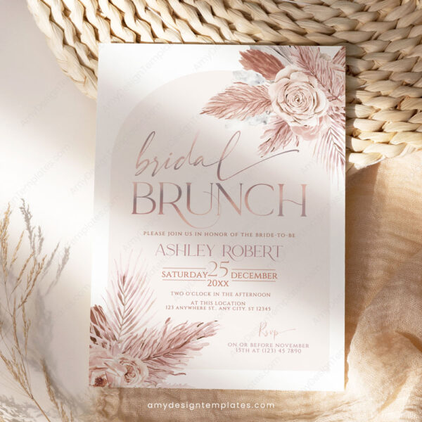 Boho Pink Bridal Brunch Invitation Template | Bohemian Dusty Rose
