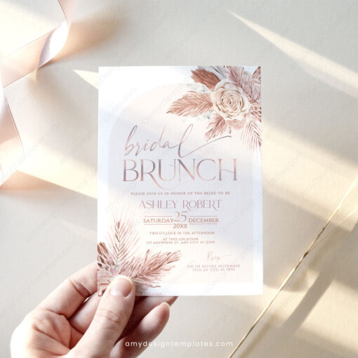 Boho Pink Bridal Brunch Invitation Template | Bohemian Dusty Rose