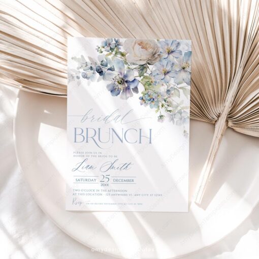 Dusty Blue Floral Bridal Brunch Invitation Template