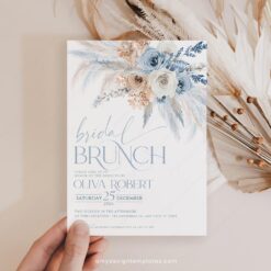 Dusty Blue Bridal Brunch Invitation Template, Boho Pampas Invite