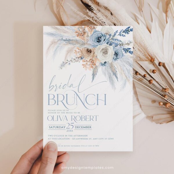 Blue Bridal Brunch Invitation Template | Dusty Blue Boho Pampas Grass