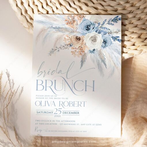 Blue Bridal Brunch Invitation Template | Dusty Blue Boho Pampas Grass