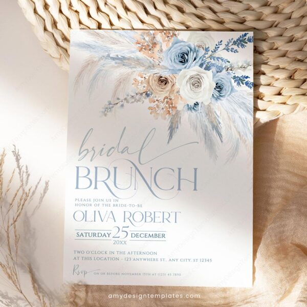 Blue Bridal Brunch Invitation Template | Dusty Blue Boho Pampas Grass