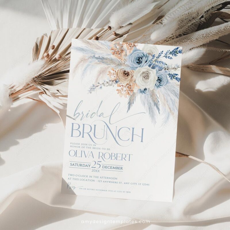 Blue Bridal Brunch Invitation Template | Dusty Blue Boho Pampas Grass