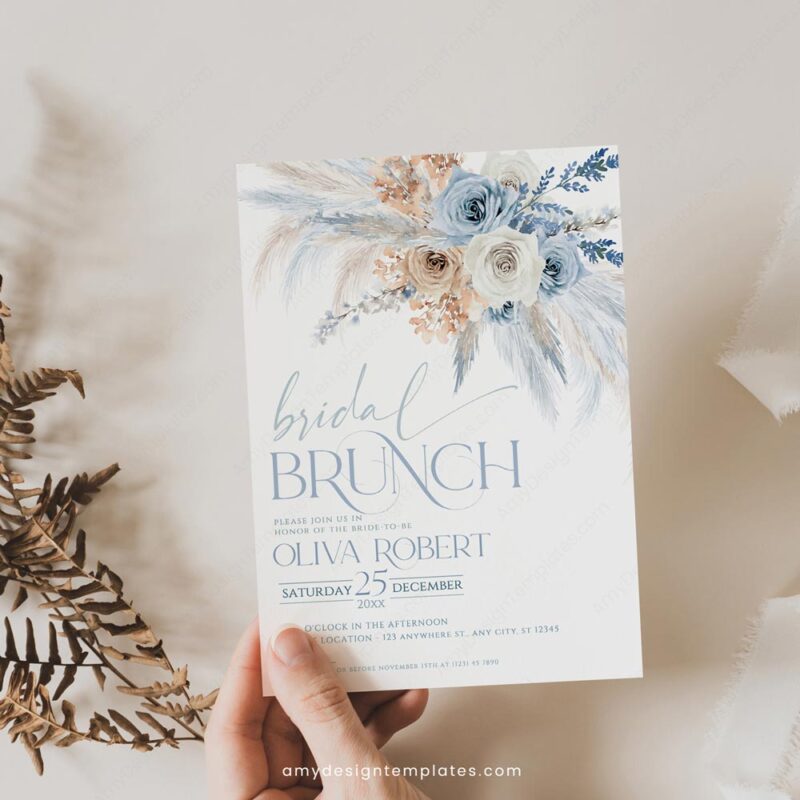 5+ Bridal Shower Brunch Invitations Free: Start Your Celebration in Style! Blue Bridal Brunch Invitation Template | Dusty Blue Boho Pampas Grass