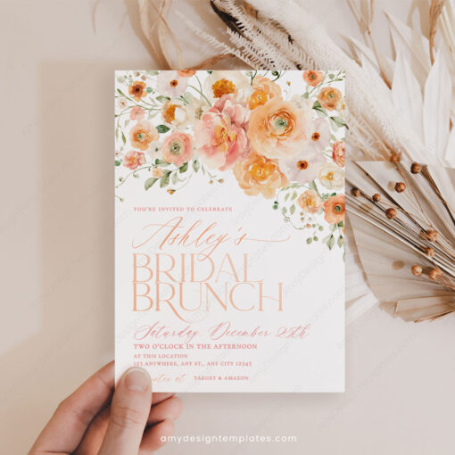 Rust Orange Floral Bridal Shower Brunch Invitation Template
