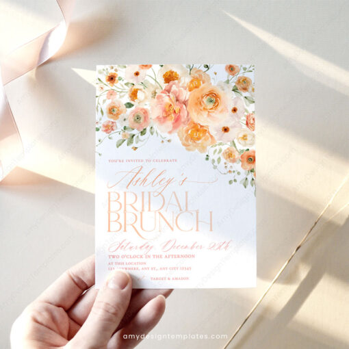 Rust Orange Floral Bridal Shower Brunch Invitation Template